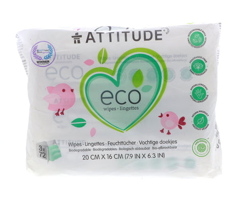 Attitude Eco-Baby Wipes Refills, 3 x 72
