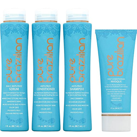 Pure Brazilian Home Care Kit 4 - Piece - Anti-Frizz Shampoo 3 oz, Conditioner and Serum Plus 2 oz Of Masque New!